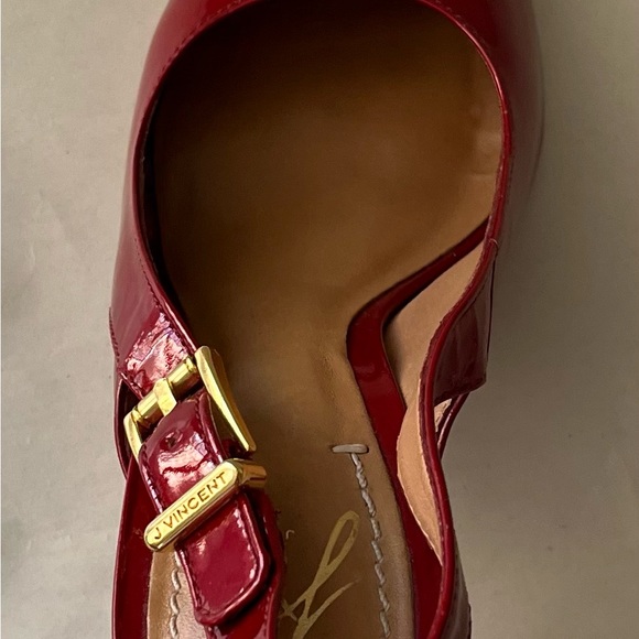 J Vincent Patent Leather Open Toe Slingback Cherry Red High Heel Sandals - Picture 12 of 14